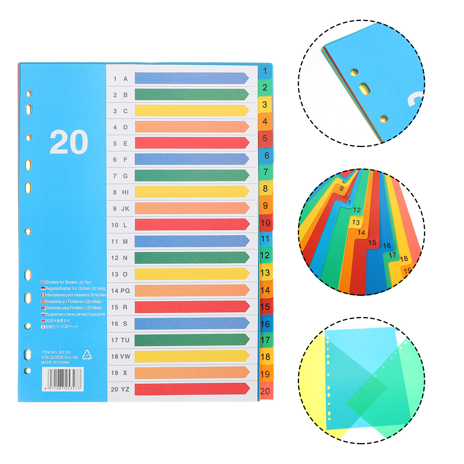 Tab Divider A4 - 5枚入りバインダーディバイダー カラフルなプラスチックタブ A4フォルダーインナーコア オフィス 学校 家庭用インデックス