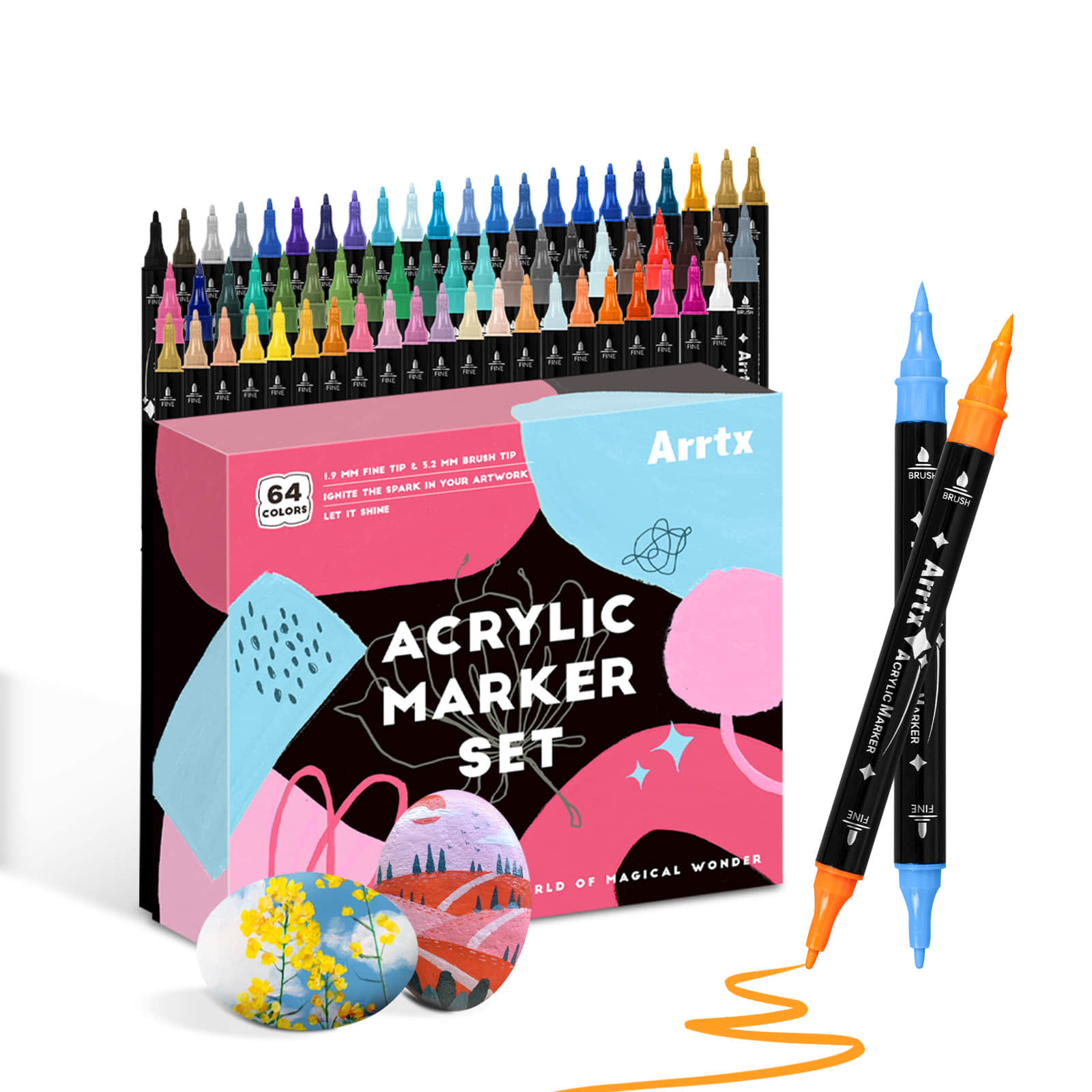 Copic Marker Classic - Arrtx 64 色アクリルペイントペン、ブラシとファインデュアルチップアクリルマーカー、塗装用の水性アクリルマーカー用品
